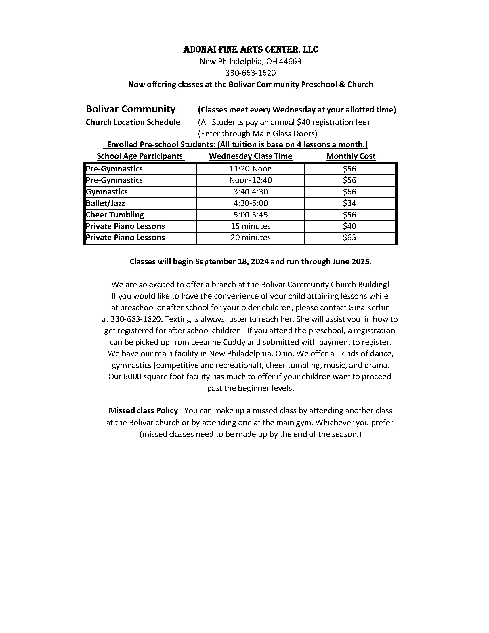 Adonai Fine Arts Schedule - Boliver