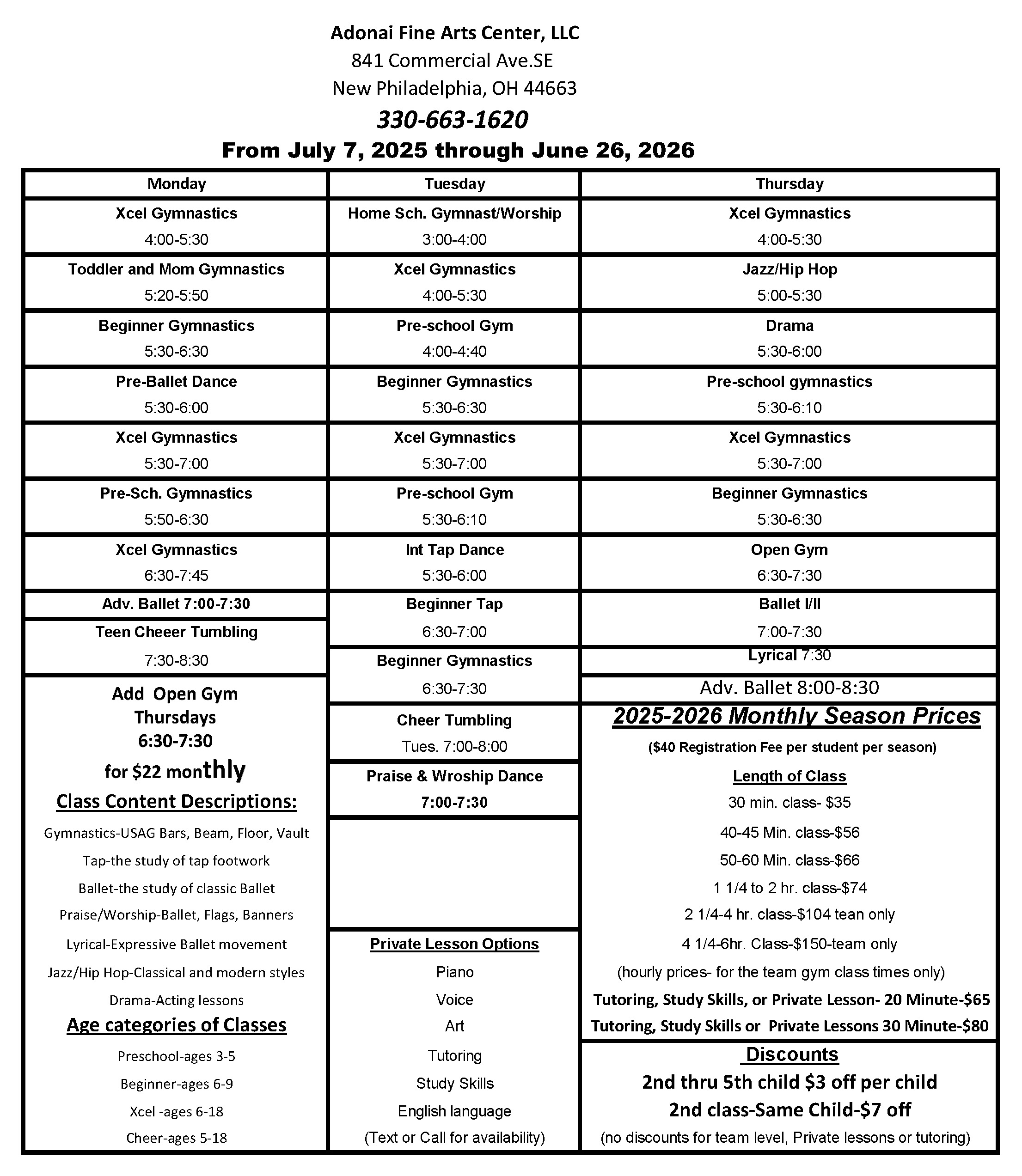 Adonai Fine Arts Schedule - New Phila